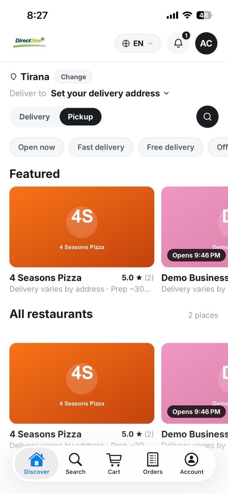 Direct Dine marketplace app showing restaurants available in Tirana