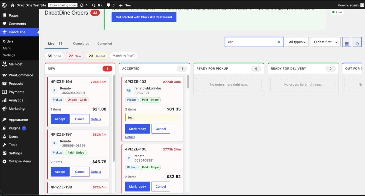 Direct Dine live order board running inside the WordPress admin panel