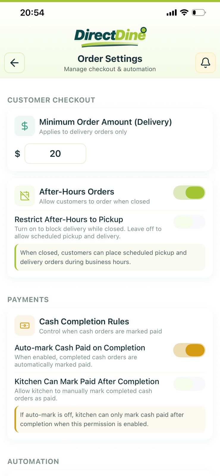 Direct Dine app preview screen 1 of 8