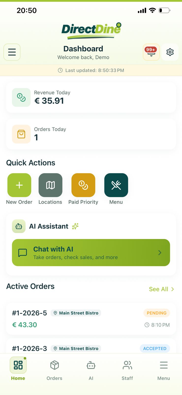 Direct Dine business owner dashboard showing today's revenue and active orders